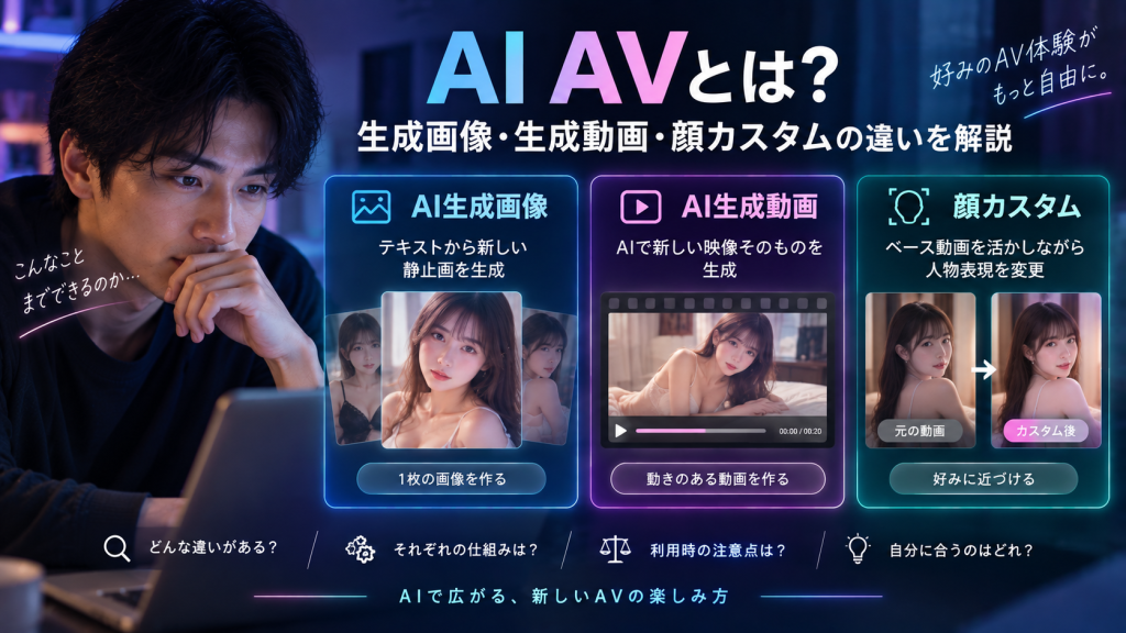 AI AVの生成画像・生成動画・顔カスタムの違いを比較し、それぞれの特徴や仕組みを解説するコラムのアイキャッチ画像