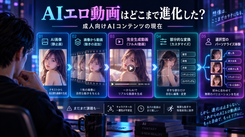 AI画像生成から動画生成、部分変換、パーソナライズまで、成人向けAI動画の進化と現在地を解説するアイキャッチ画像