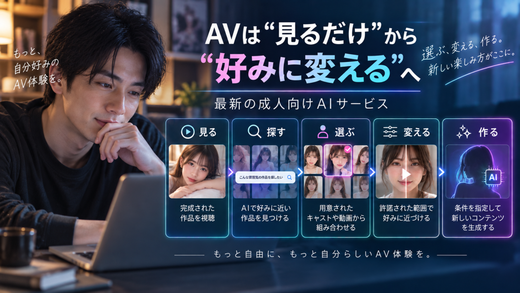 成人男性がAIを活用し、AVを「見る・探す・選ぶ・変える・作る」の5段階で楽しむ新しい成人向けAIサービスを紹介するアイキャッチ画像