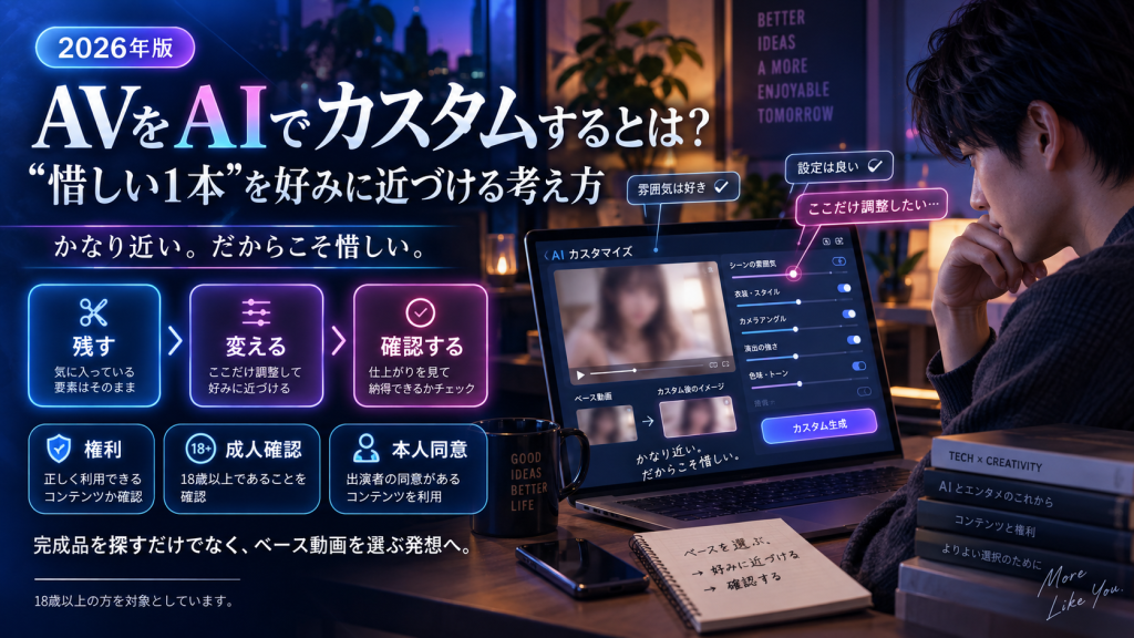 AIでAVの一部を好みに合わせてカスタムする考え方と、権利・成人確認・本人同意の重要性を紹介する2026年版コラムのアイキャッチ画像