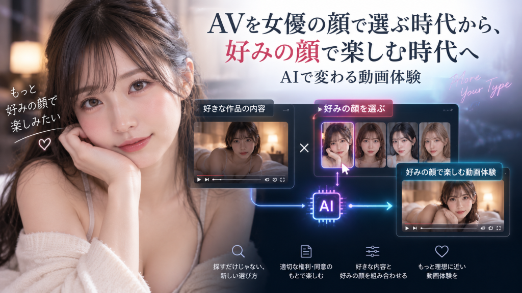AVを女優の顔で選ぶ従来の方法から、AIで好みの顔を選んで動画体験を楽しむ新しい考え方を紹介するアイキャッチ画像