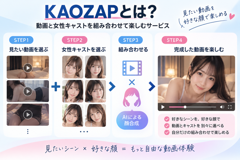 KAOZAPの使い方を図解したイメージ。見たい動画と好みの成人女性キャストを選び、AI顔合成で組み合わせた動画を楽しむ流れを4ステップで表現。