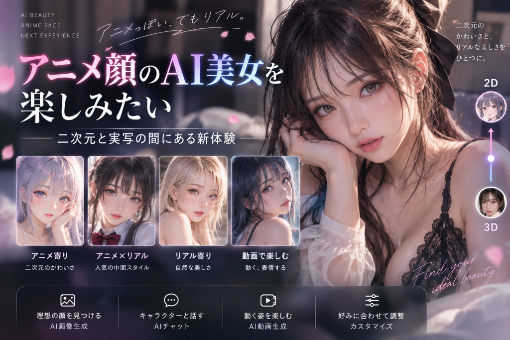 アニメ的な顔立ちと実写寄りの質感を組み合わせたAI美女を、二次元寄り・中間・リアル寄りで比較するアイキャッチ画像