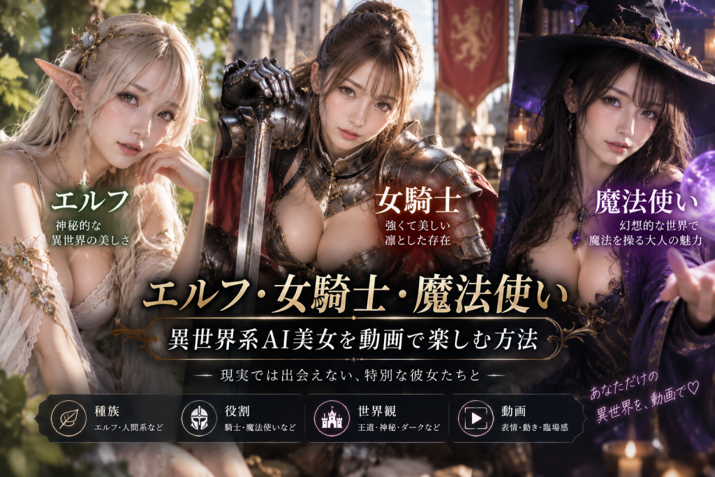 エルフ・女騎士・魔法使いの3タイプの異世界系AI美女を、種族・役割・世界観・動画表現から比較するアイキャッチ画像