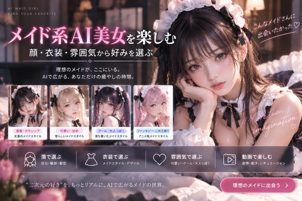 メイド系AI美女を、顔・衣装・雰囲気・動画表現から自分好みに選ぶ方法を紹介するアイキャッチ画像