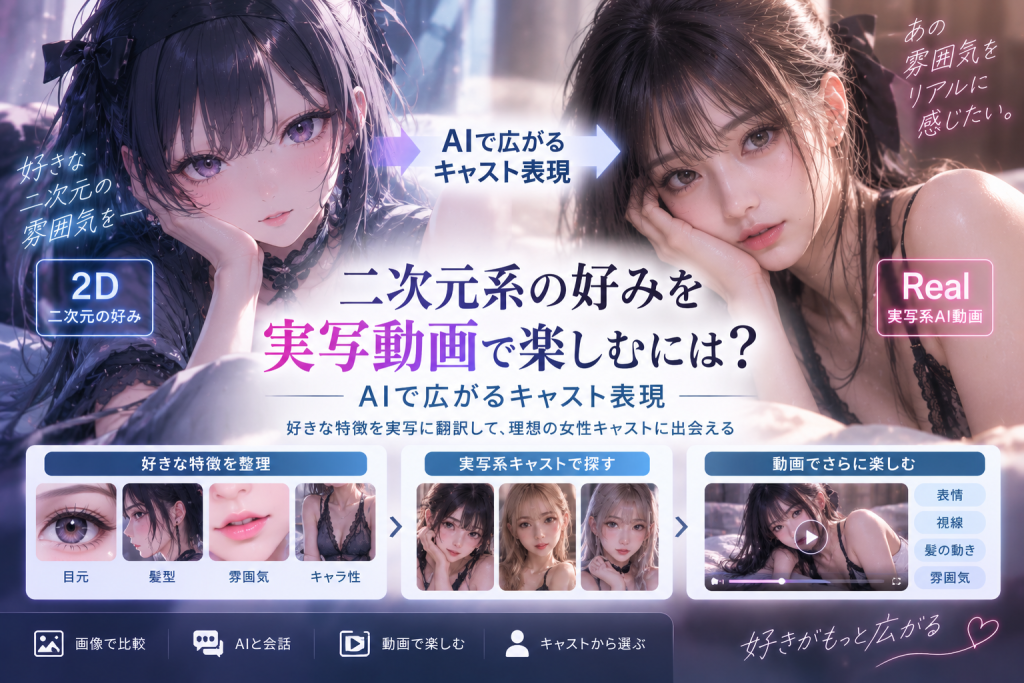 二次元キャラクターの好みを目元・髪型・雰囲気などに分解し、実写寄りのAI女性キャストや動画で楽しむ方法を紹介するアイキャッチ画像