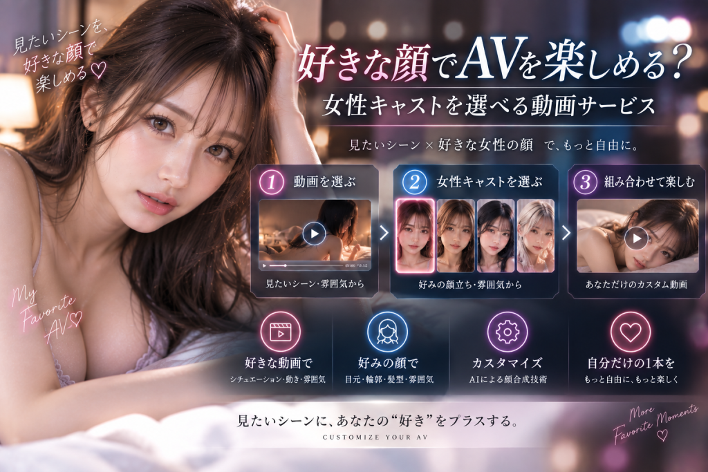 好きなAV動画と成人女性キャストを別々に選び、AI顔合成で好みの顔の動画を楽しむサービスを紹介するアイキャッチ画像