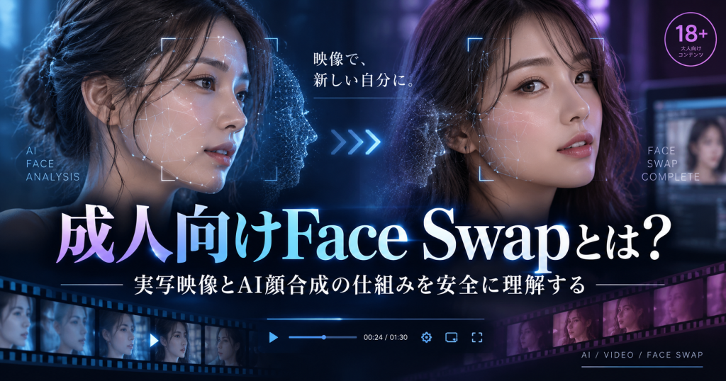 成人向けFace Swapの仕組みを表現したAI顔合成イメージ。2人の成人女性の顔がデジタル技術で変換される様子と動画編集画面を表現。
