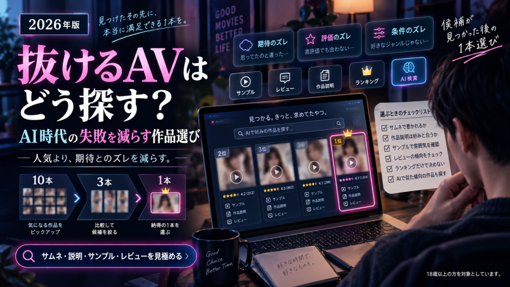 サンプル・作品説明・レビュー・AI検索を比較しながら、自分に合うAVを見極める方法を紹介する2026年版コラムのアイキャッチ画像