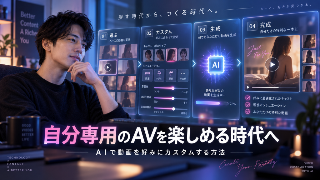 AIでベース動画やキャスト、シチュエーションを選び、自分好みにカスタムした専用AVを楽しむ方法を紹介するアイキャッチ画像